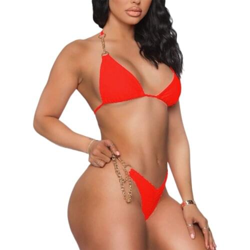 Sexy Summer Women’s Chain Bikini Set Bandage Backless Halter Top and Tight Mid Waist Thong Split Swimsuit Female Bathing Suit