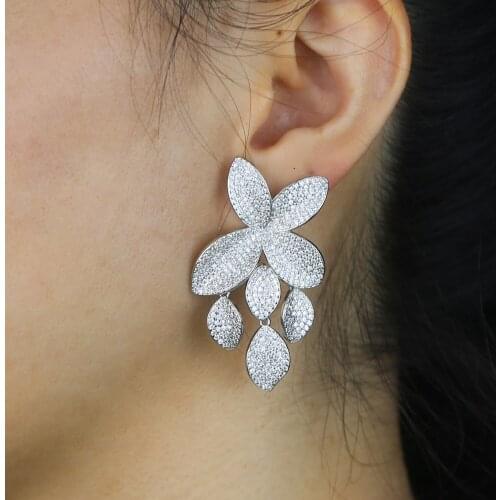 High quality Iced out luxury bling cz fashion women jewelry micro pave 5A cz big flower charm drip cz leaf dangle earrings