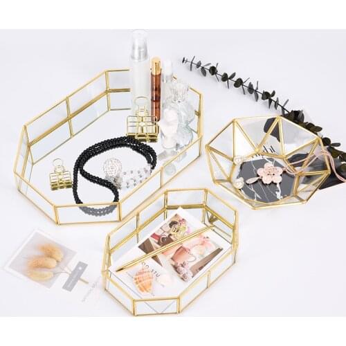Nordic Glass Storage Tray Ins Brass Home Metal Cosmetic Jewelry Box Organizer