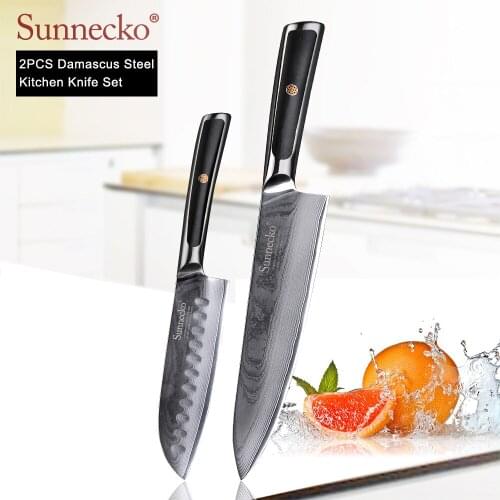 SUNNECKO 8" Chef 5" Santoku Knife Damascus Japanese VG10 Steel Blade 2PCS Kitchen Knives Set G10 Handle Meat Fruit Cutting Tools