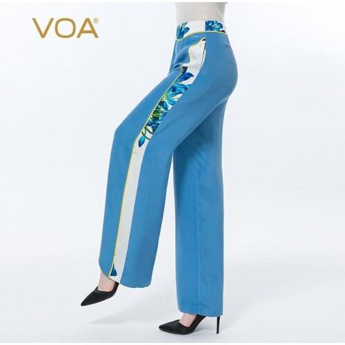 VOA 30m/m Bamboo Moon Blue Invisible Side Pull Diagonal Pocket Printed Stitching Asymmetric Wide-leg Pants KE525 LOOSE Casual