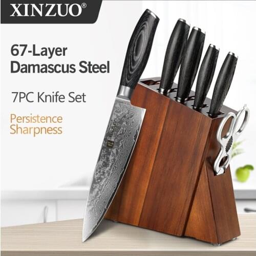 XINZUO 7 PCS Knives Sets Damascus Steel Pakka Wood Handle Multifunctional Chef Santoku Knife Block Kitchenware Cooking Tools