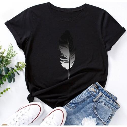 Graphic T-shirt Women 2021 Fashion O-neck Feather Prints Womens T-shirts Summer Top Tee Short Sleeve Tshirts All-match Top