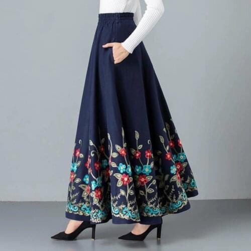 Mom elegant Embroidered Maxi pleated skirt Women Plus Size Winter Warm Woolen Long Skirt Lady High Waist Casual Wool Office saia
