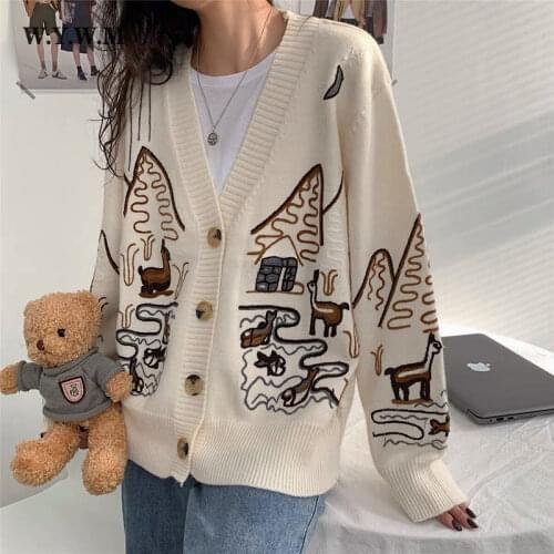 WYWM Cashmere Knitted Cardigans Sweaters Women Autumn Winter Harajuku Loose Printed Coat V-neck Long Sleeve Female Clothing
