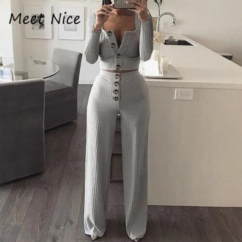 Ribbed 2 Two Piece Set Womens Sets conjunto feminino Women Crop Tops and Pants Suit Long Sleeve Casual Short Top Clubwear Sets