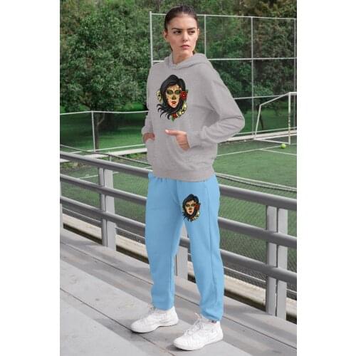 Angemiel Wear Ruhani Meksikalı Beautiful Women Tracksuit Set Gray Hooded Sweatshirt Blue Sweatpants