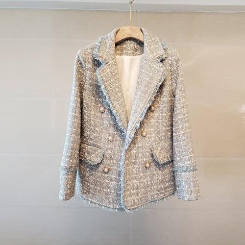 Plaid Tweed Jackets Women Vintage Office Designer Double Breasted Winter Coats Long Sleeve Notched Outwear Tassel Elegant B579