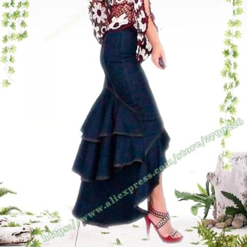 Free Shipping 2018 Female Bohemia Fashion Sexy Asymmetrica Slim Denim Jeans Ruffles Long Maxi Women Ladies Skirt