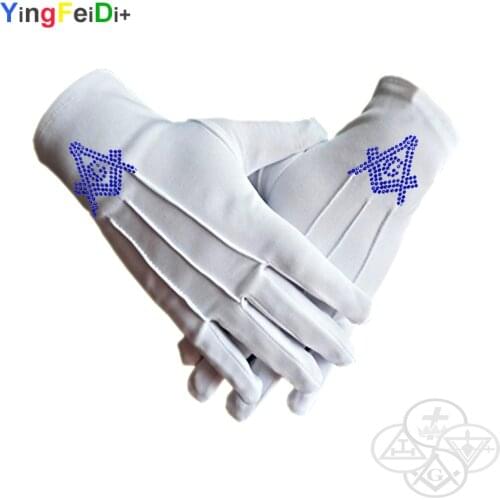 Hot Diamond Square and Compass Masonic High Quality Middle East Flat Thermoset Rhinestone Polyester Gloves-[White]