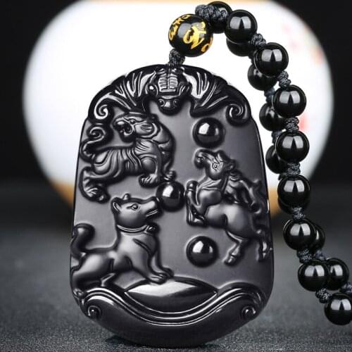 Chinese Natural Black Obsidian Zodiac Pendant Necklace Beads Fashion Charm Jewellery Hand-Carved Lucky Amulet for Men Women Gift