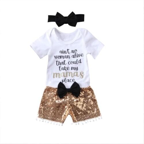 3PCS Newborn Toddler Baby Girl Boy Romper Bodysuit Sequins Bottoms Pants Outfits