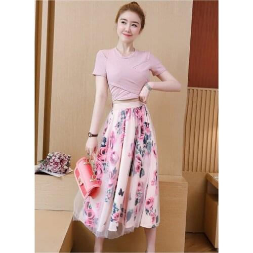 Bow Two-piece Set Sexy Outfit Female Summer 2020 New Korean Slim Crop Top High Waist Long Mesh Printing Skirt Set For Girl f1080