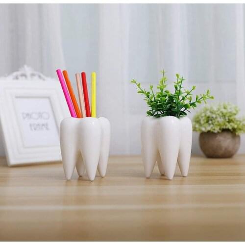 Cute Tooth Shaped Pen Pencil Holder, White Ceramic Succulent Planter Pots for Home Office Decoration Desk Organization, Set Of 3