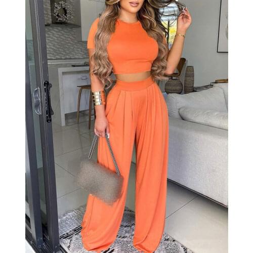 Fashion Solid Women Summer Two Piece Set Short Sleeve Crop Tops + Loose Long Wide Leg Pants Female Clothing Outfits