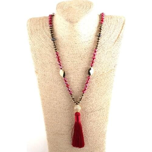 MOODPC Fashion Bohemian Tribal Jewelry Crystal / Hematite Long Knotted Micro Zircon Pave Link Tassel Necklaces For Women