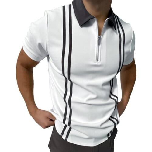 Mens Casual Zipper Lapel Black And White Stitching Polo Shirt Striped Short-sleeved Fashion Casual Summer Top Dress