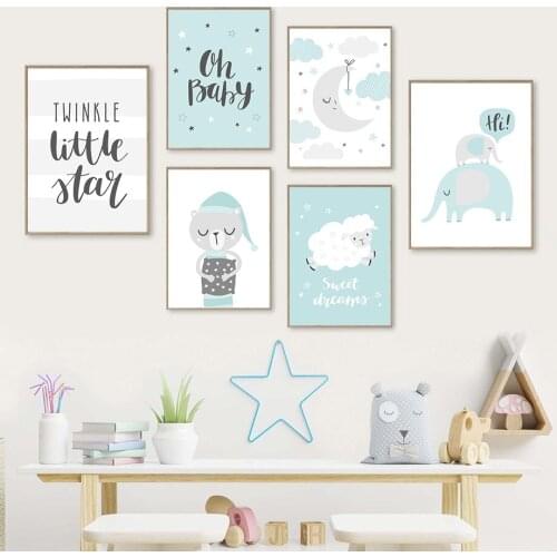 Nordic Blue Moon Star Cloud Wall Art Poster Elephant Sheep Raccoon Animal Art Print Quotes Canvas Painting Baby Kids Room Decor
