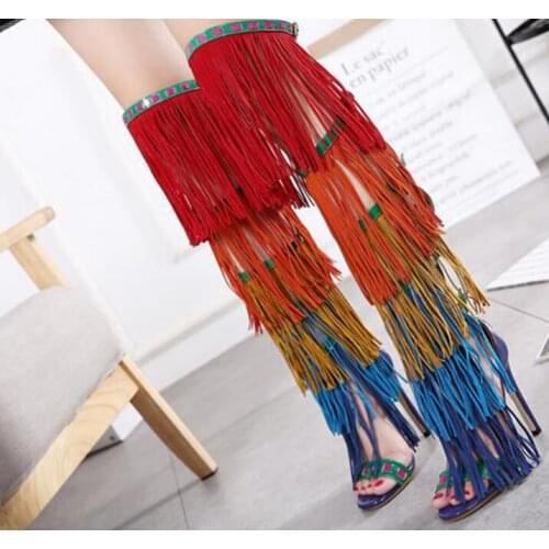 Novelty Suede Leather Mix-color Tassels Sandals Boots Fashion Open Toe Over Knee Gladiator Boots Charming Fringes High Heel Boot