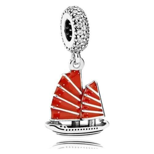 Genuine 925 Sterling Silver Bead Charm Red Enamel Chinese Junk Ship Pendant Beads Fit Pan Bracelet & Necklace Jewelry