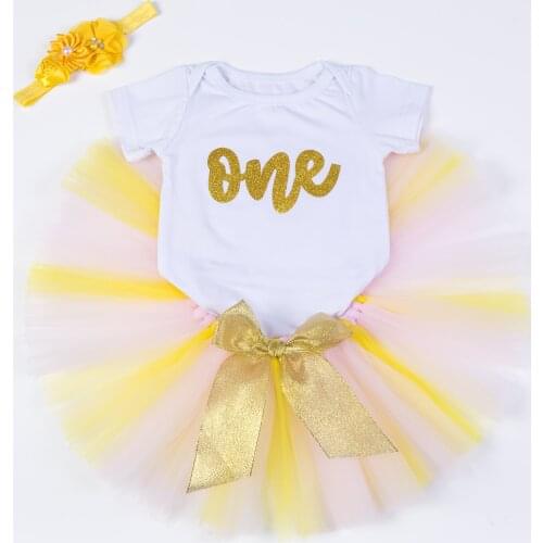 First Birthday Baby Girl Glitter One Birthday Sweet Dress Colorful Tutu Flower Headband for 0-24Months