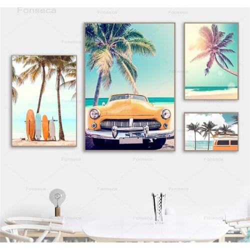 Nordic Seascape Poster Sunshine Beach Coconut Tree Starfish Surfboard Canvas Painting Wall Pictures for Living Room Decoration