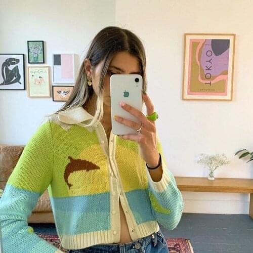 Foridol Dolphin Print Knitted Women Sweater Cardigans Single Breasted Autumn Vintage Harajuku Cropped Cardigan Winter Short Top