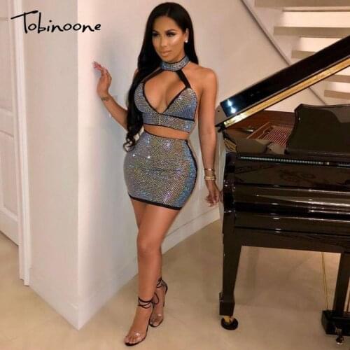 Tobinoone Rhinestone Hollow Out Halter Bodycon Two Piece Set Women Top And Skirt Suits Autumn Party Club Outfits Matching Set