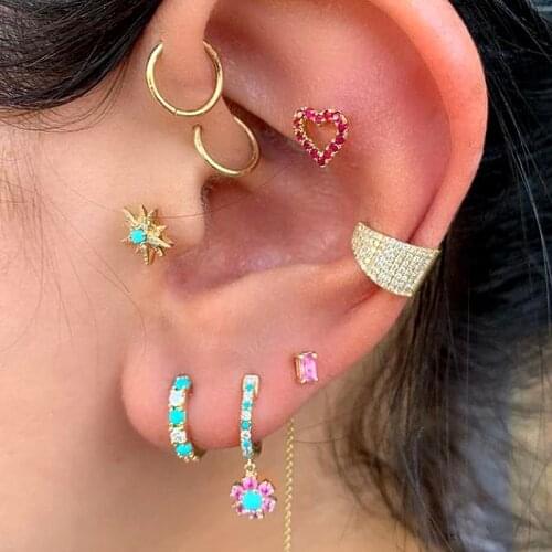 2021 New Arrival Women Mini Flower Dangle Earrings with Blue Turquoises Engrave Red White Cz for Engaged Wedding Trendy Gifts