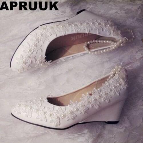 Wedges heel lace wedding shoes woman romantic handmade full lace pearls beading straps lady female bridesmaid bridal shoes