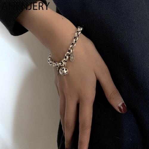 ANENJERY 925 Sterling Silver Round ball Bracelet hip hop Thick Chain Retro Bracelets For Women Hand Accessories S-B548