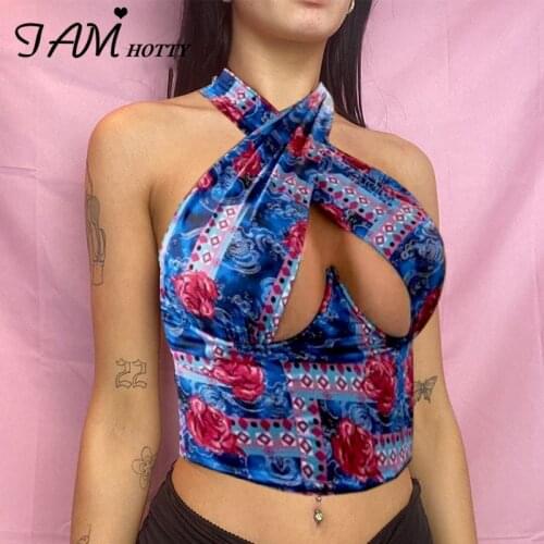 Aesthetic Floral Print Retro Cami Women Sexy Harajuku Bodycon Cross Bandage Halter Beach Corset Top Tee Bustier Summer Iamhotty