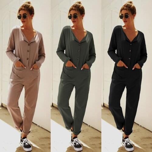 Women Casual Pure Color Jumpsuit Long Sleeve O-neck Pocket Pants For Woman Spring Autumn Fashion Button Black Slim Jumpsuits