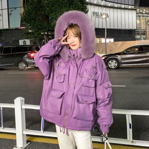 2021 Korean Fashion Down Coats Womens Winter Warm White Duck Down Parka Jacket Woman Big Fur Collar Down Jackets Hooded Overcoat