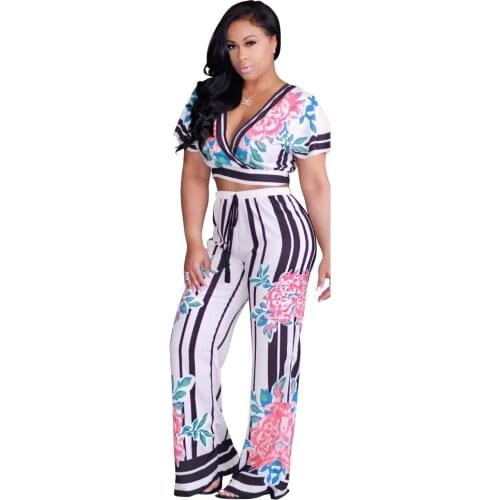 Two piece set tracksuit women outfits Print Sexy short sleeve shirt tshirt V-neck crop top