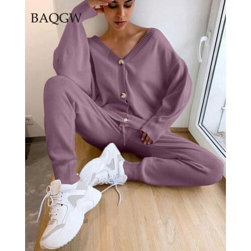 Women Knitted Sweater Sets Suits Fashion V Neck Cardigans + Long Pants Track Suits for Autumn Winter Woman Casual Two Piece Suit