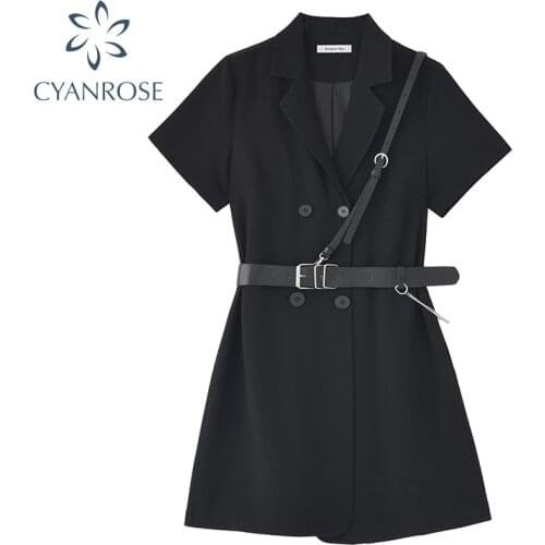 2021 Korean Style Blazer Dress Women With Belt Streetwear Short Sleeve Black Vestidos Elegant Gothic Punk Double Breasted Dress