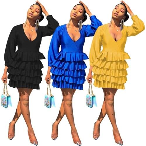 European and American New Autumn Womens Deep V Multi-Layer Ruffled Long-Sleeved Dress