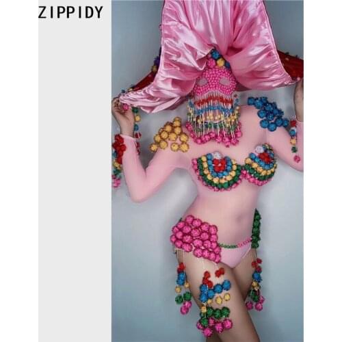 Transparent Multi-color Hairball Fringe Pink Bodysuit Headdress Women Dance Show Outfit Bar Prom Catwalk Outfit