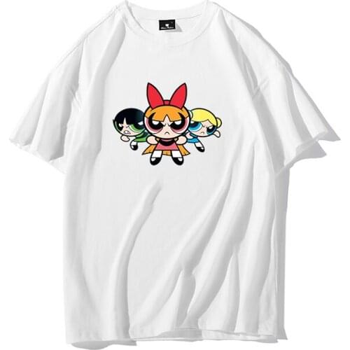 2021 Summer Powerpuff Girls Anime T-shirt Ladies Top Harajuku Pure Cotton Korean Casual Kawaii Cartoon Print Short Sleeve Shirt