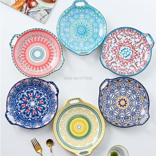 Binaural Ceramic Dish Creative Main Dish Home Deep Dish Hand-painted Retro Underglaze China Plates for Dishes and Plates Sets