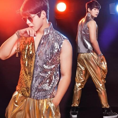 Shining Gold Stage Costumes For Singers Mens Hiphop Haren Pants Burning Man Festival Clothes Nightclub Outfits DJ Costume BL2190