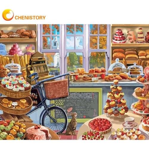 CHENISTORY Bakery House Landscape Painting By Numbers Hand Painted 40x50cm Framed On Canvas Modern Home Wall Decors Photo