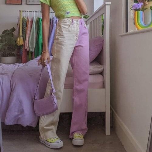 Patchwork Straight Casual Jeans Women High Waist Contrast Denim Trousers Sexy Color Block Streetwear Pants Denim 2021 summer New