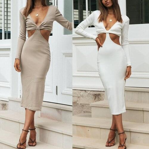 Wsevypo Elegant Long Sleeve Bodycon Midi Slit Dress Party Simple Style Women Ladies Solid Color Deep V-neck Hollow Out Dress