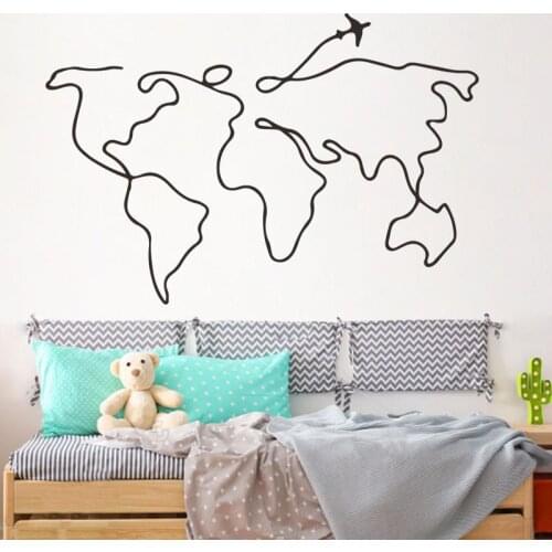 Hot New Gift Simple Line World Map Black Wall Sticker For Kids Living Room Bedroom Kindergarten Room Decal Mural PVC 40*60CM