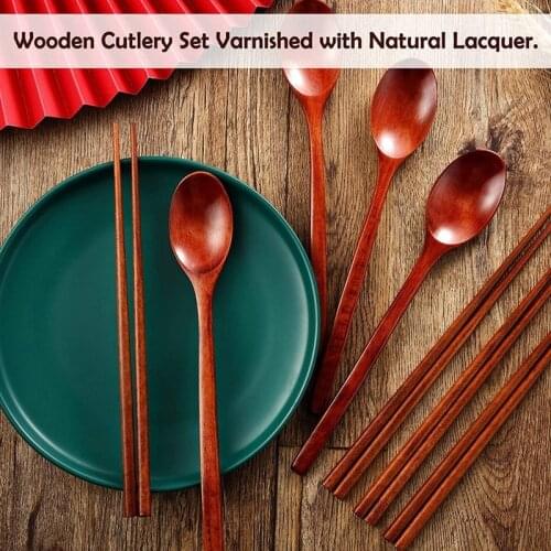 Hot-16Pcs Long Handle Wooden Spoon and Chopsticks Set Flatware Reusable Tableware Combination Utensils for Eating Food
