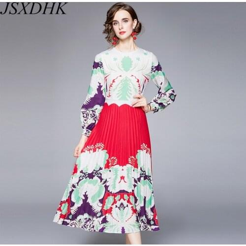 JSXDHK New 2021 Fashion Runway Autumn Pleated Dress Vintage Women O Neck Flower Printed Long Sleeve Party Long Dresses Vestidos