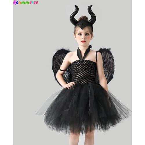 Halloween Black Fairy Dark Devil Costume Girls Maleficent Tutu Dress with Wing and Horns Kids Cosplay Carnival Witch Clothes