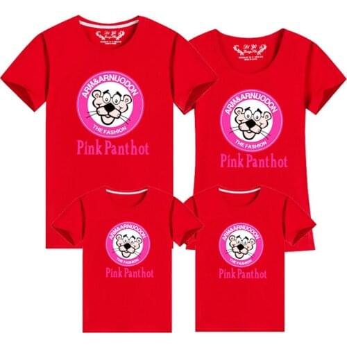Summer Parent-child Tshirt Cartoons Print Streetwear Base Pink Panther Short Sleeve T-Shirt Children Kawaii Casual Clothes